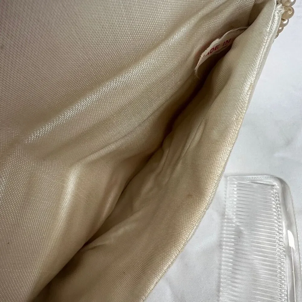Vintage 50s Beaded Pearl Beaded Clutch Purse with Comb Japan Evening Bag‎